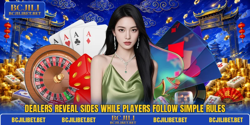Dealers reveal sides while players follow simple rules